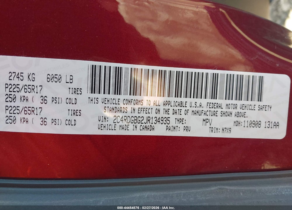 2018 DODGE GRAND CARAVAN SE PLUS VIN: 2C4RDGBG2JR134935