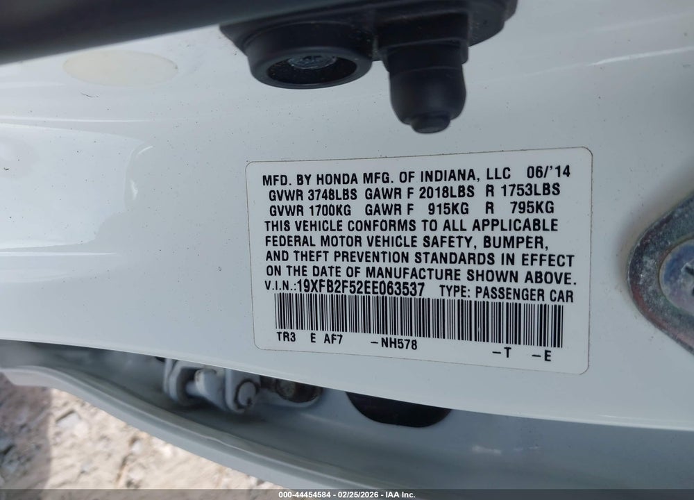 2014 HONDA CIVIC LX VIN: 19XFB2F52EE063537