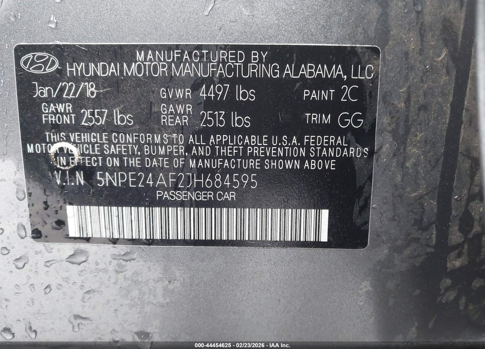 2018 HYUNDAI SONATA SE VIN: 5NPE24AF2JH684595
