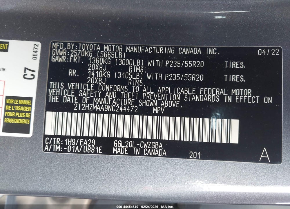 2022 LEXUS RX 350 VIN: 2T2HZMAA9NC244472