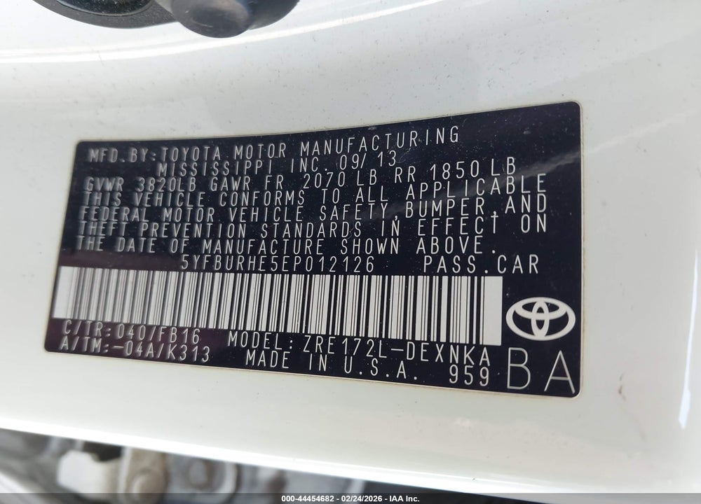 2014 TOYOTA COROLLA LE VIN: 5YFBURHE5EP012126