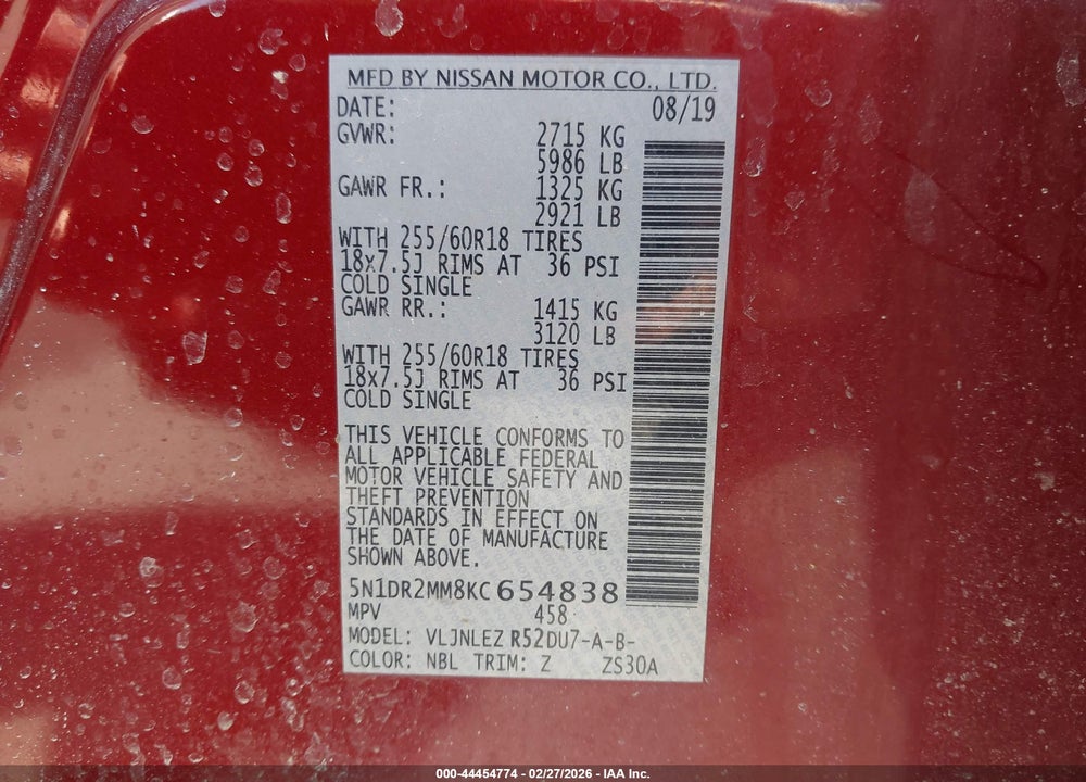 2019 NISSAN PATHFINDER SV VIN: 5N1DR2MM8KC654838