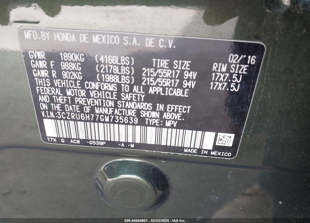 2016 HONDA HR-V EX-L VIN: 3CZRU6H77GM735639