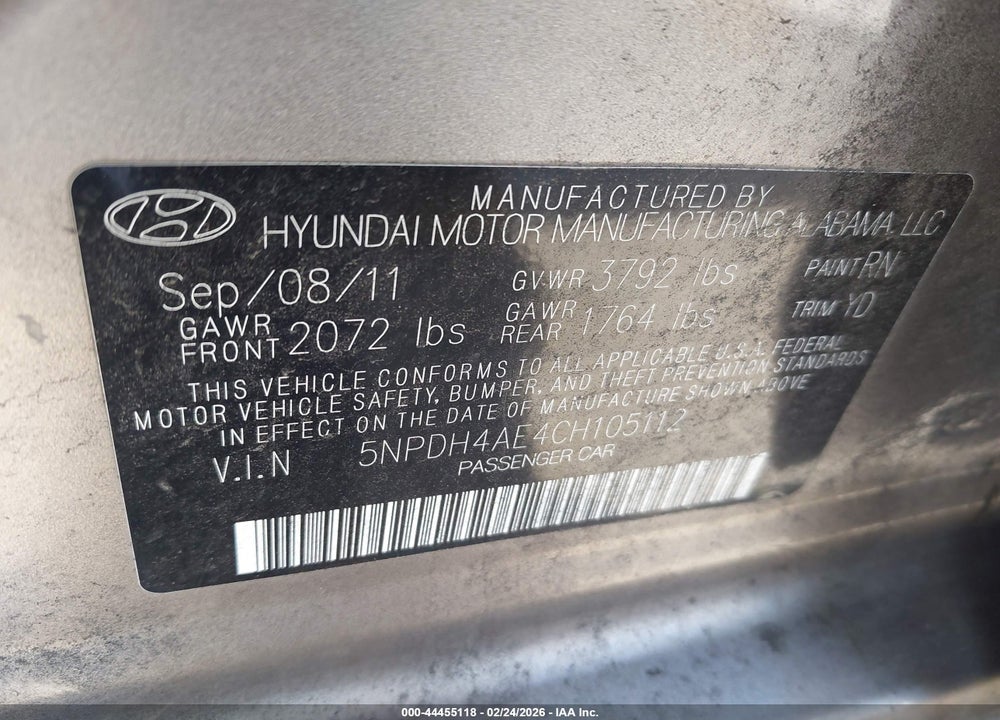 2012 HYUNDAI ELANTRA GLS VIN: 5NPDH4AE4CH105112