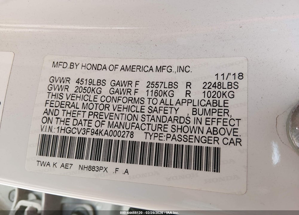 2019 HONDA ACCORD HYBRID TOURING VIN: 1HGCV3F94KA000278