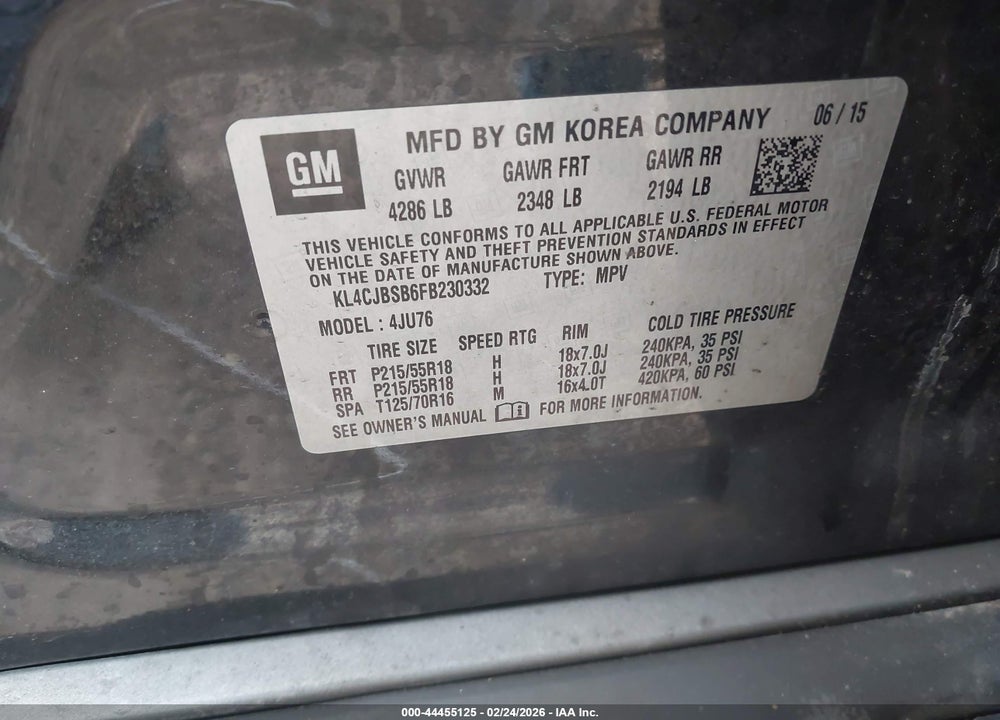 2015 BUICK ENCORE CONVENIENCE VIN: KL4CJBSB6FB230332