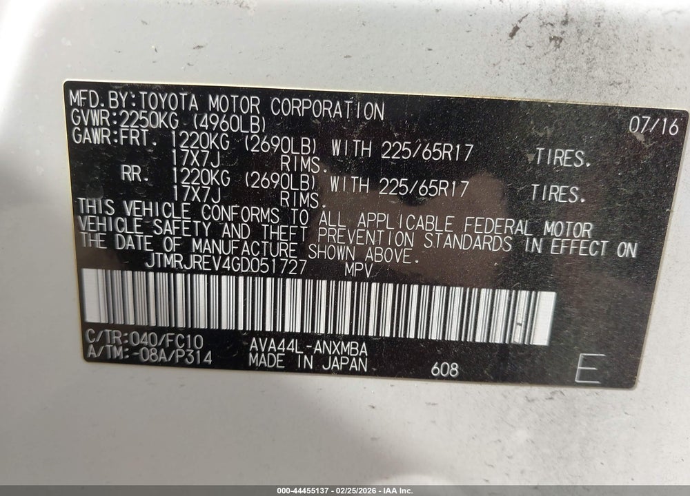 2016 TOYOTA RAV4 HYBRID XLE VIN: JTMRJREV4GD051727