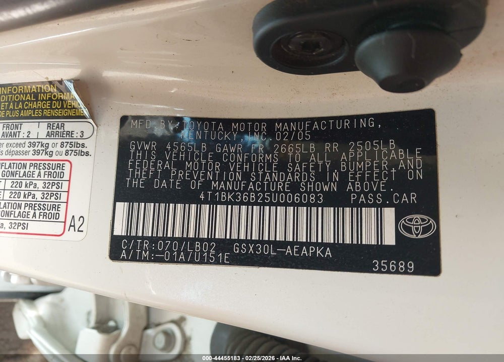 2005 TOYOTA AVALON LIMITED VIN: 4T1BK36B25U006083
