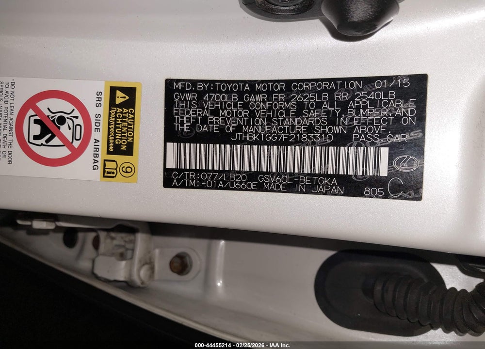 2015 LEXUS ES 350 VIN: JTHBK1GG7F2183310