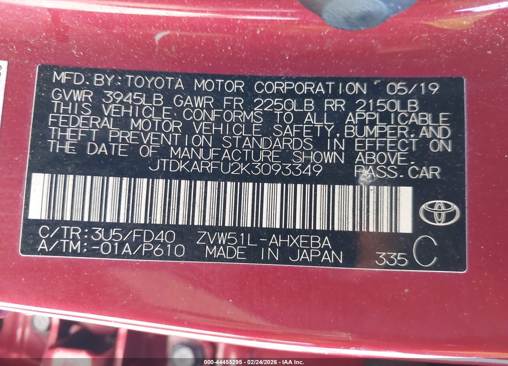 2019 TOYOTA PRIUS LE VIN: JTDKARFU2K3093349