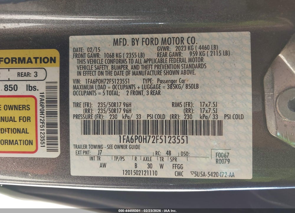 2015 FORD FUSION SE VIN: 1FA6P0H72F5123551