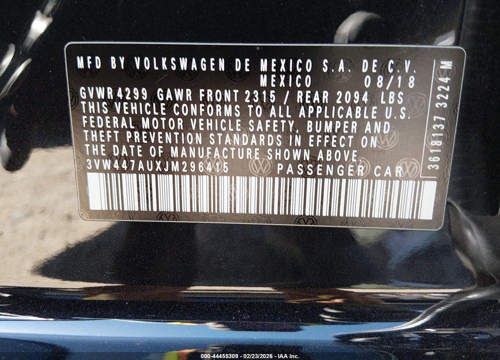 2018 VOLKSWAGEN GOLF GTI 2.0T AUTOBAHN/2.0T S/2.0T SE VIN: 3VW447AUXJM296415