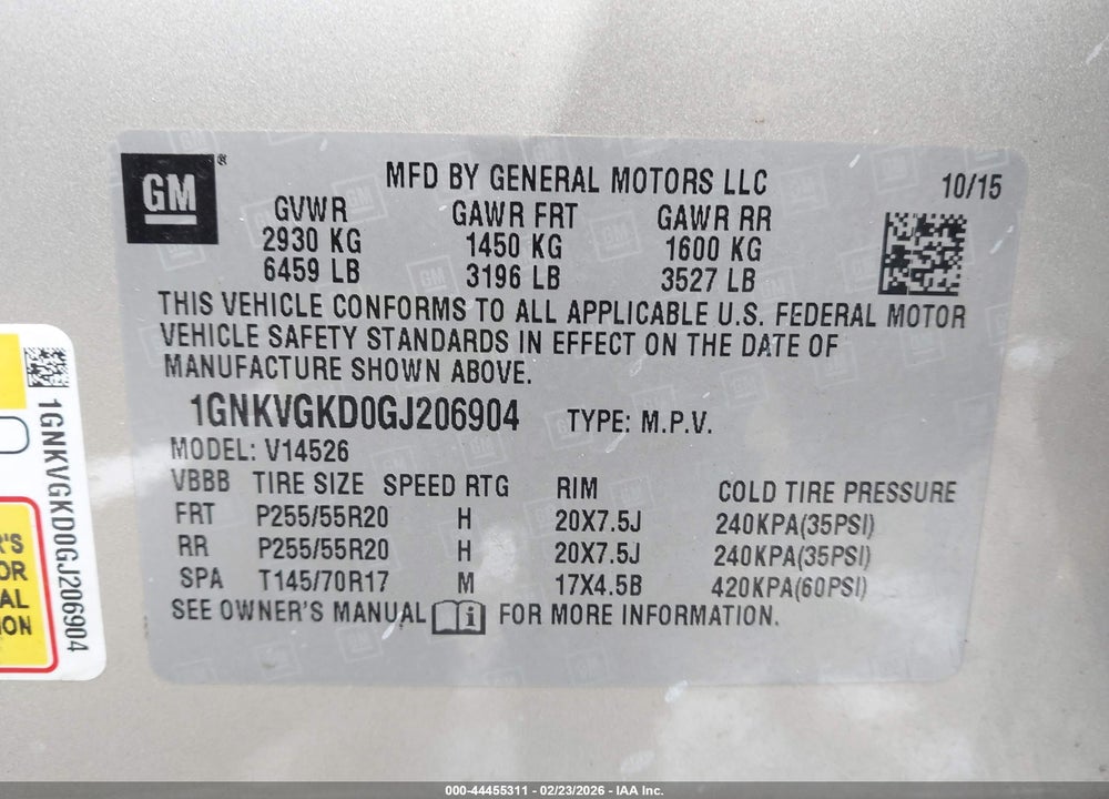 2016 CHEVROLET TRAVERSE 1LT VIN: 1GNKVGKD0GJ206904