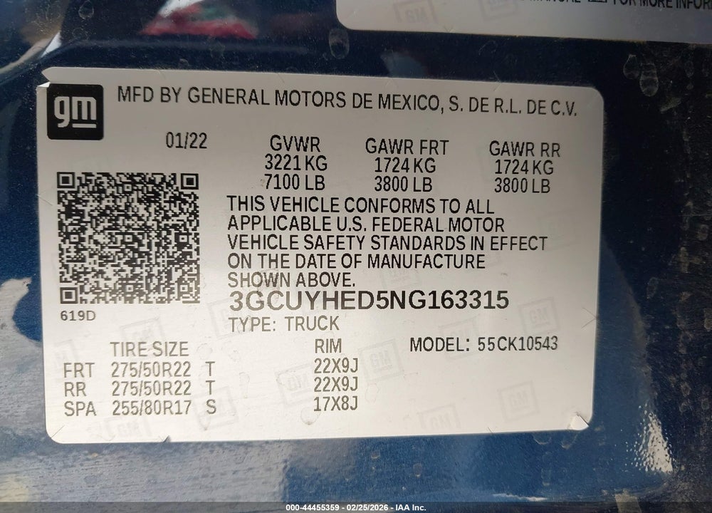 2022 CHEVROLET SILVERADO 1500 LTD 4WD  SHORT BED HIGH COUNTRY VIN: 3GCUYHED5NG163315