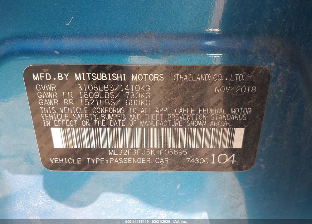 2019 MITSUBISHI MIRAGE G4 ES VIN: ML32F3FJ5KHF05695