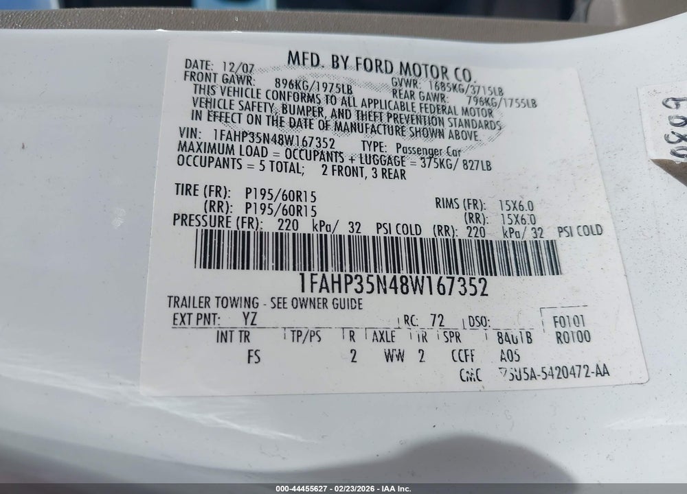 2008 FORD FOCUS SE/SES VIN: 1FAHP35N48W167352