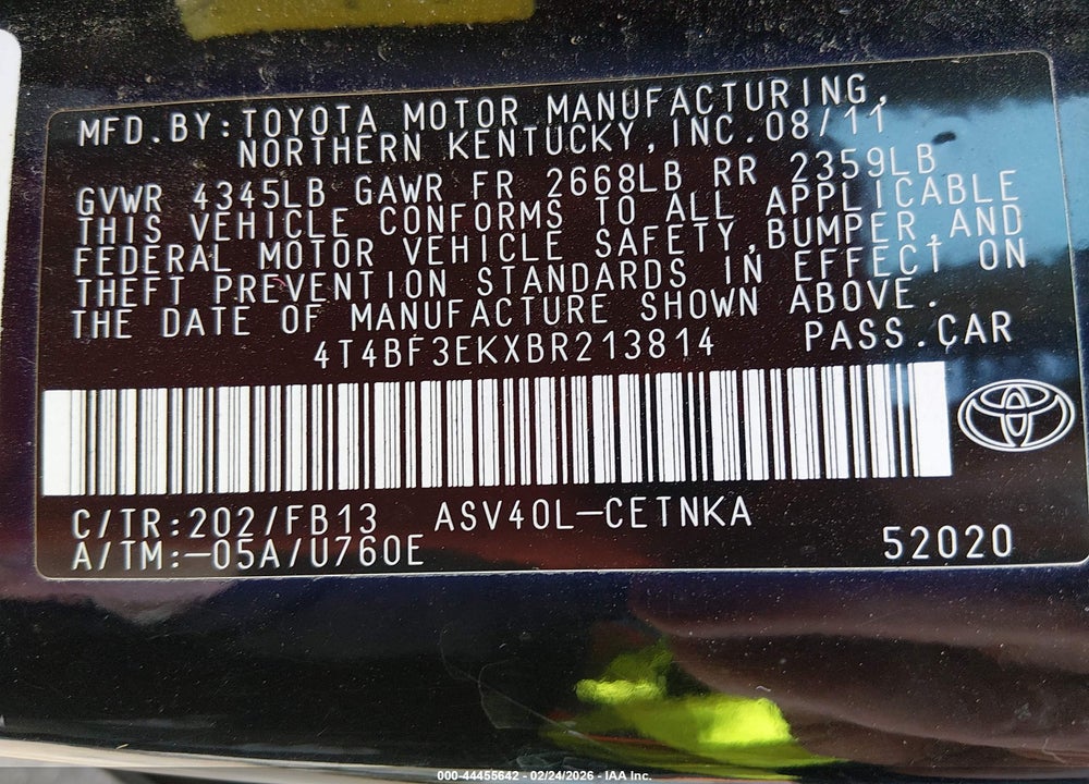 2011 TOYOTA CAMRY VIN: 4T4BF3EKXBR213814