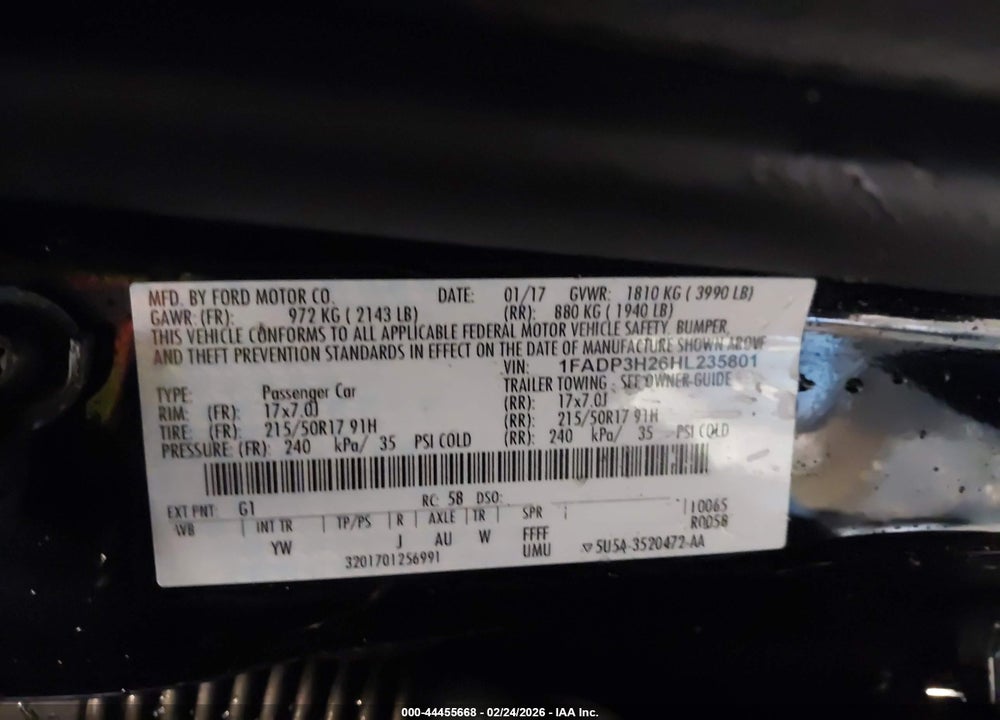 2017 FORD FOCUS SEL VIN: 1FADP3H26HL235801