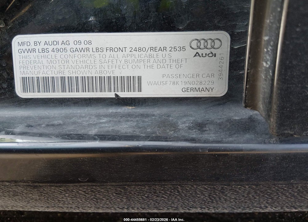 2009 AUDI A4 2.0T PREMIUM VIN: WAUSF78K19N028229