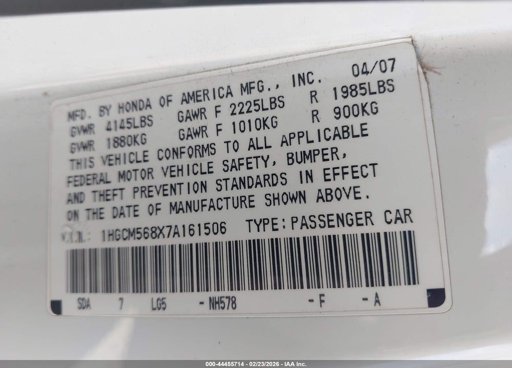 2007 HONDA ACCORD 2.4 EX VIN: 1HGCM568X7A161506
