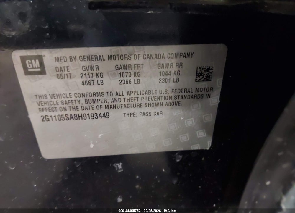 2017 CHEVROLET IMPALA 1LT VIN: 2G1105SA8H9193449
