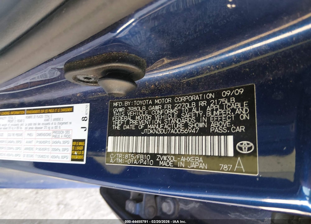 2010 TOYOTA PRIUS II VIN: JTDKN3DU7A0056947