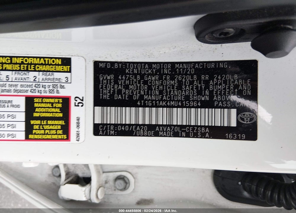 2021 TOYOTA CAMRY SE VIN: 4T1G11AK4MU415964
