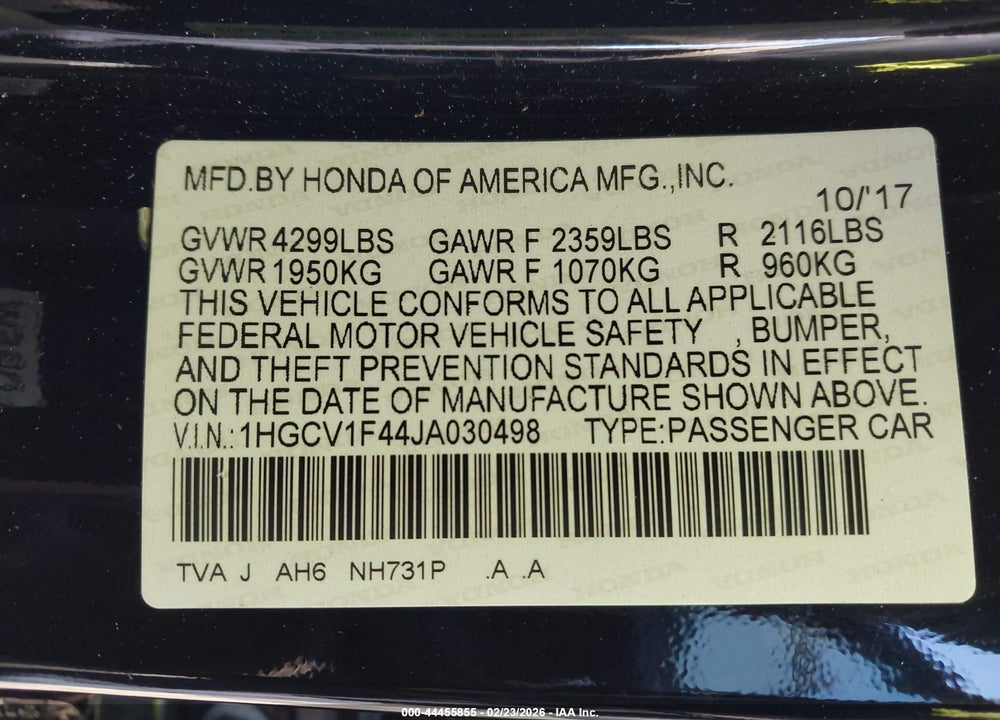 2018 HONDA ACCORD EX VIN: 1HGCV1F44JA030498