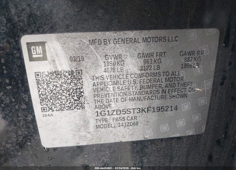 2019 CHEVROLET MALIBU VIN: 1G1ZD5ST3KF195214