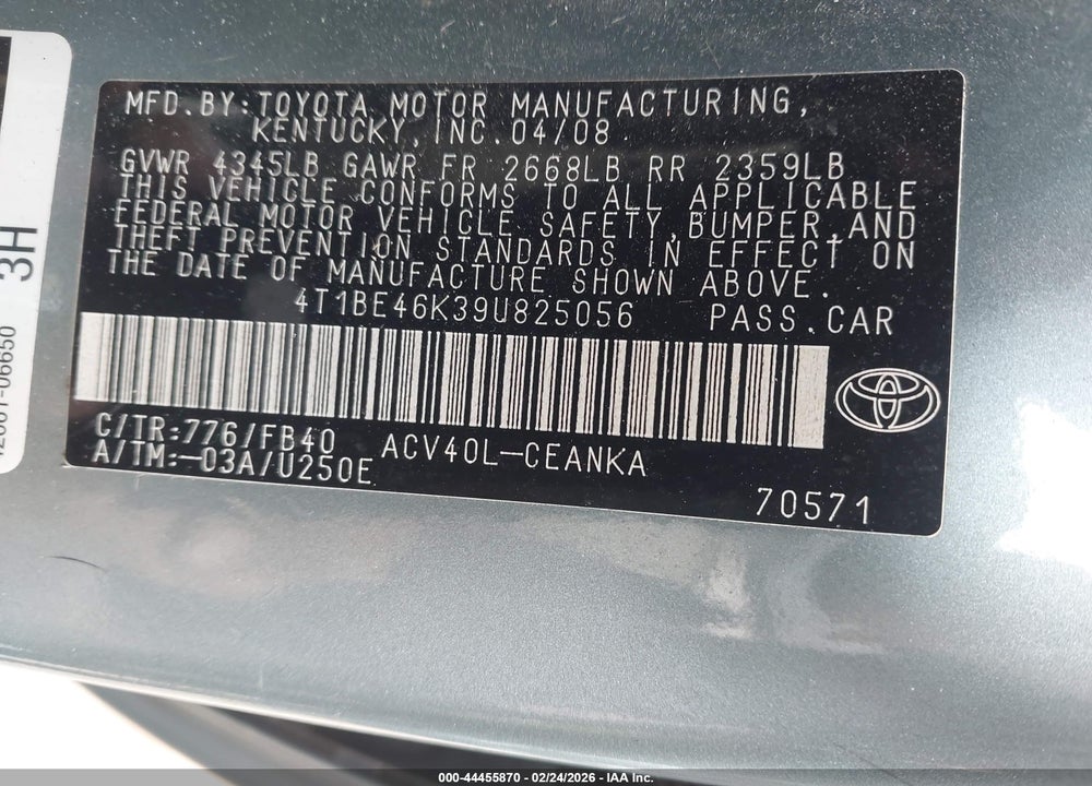 2009 TOYOTA CAMRY LE VIN: 4T1BE46K39U825056