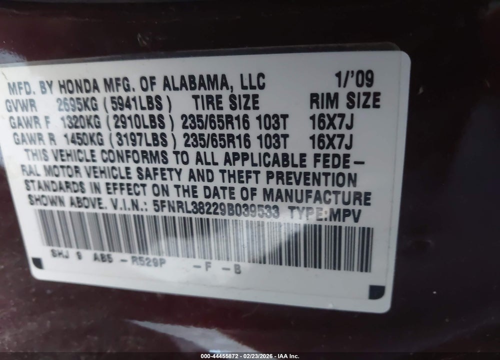 2009 HONDA ODYSSEY LX VIN: 5FNRL38229B039533