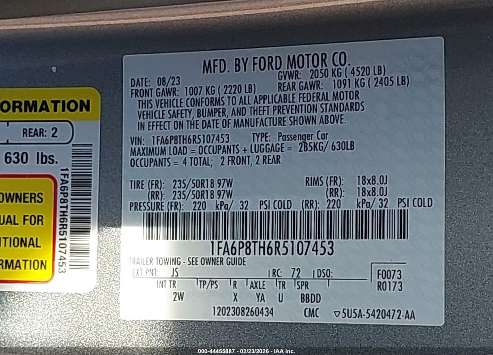 2024 FORD MUSTANG ECOBOOST FASTBACK VIN: 1FA6P8TH6R5107453