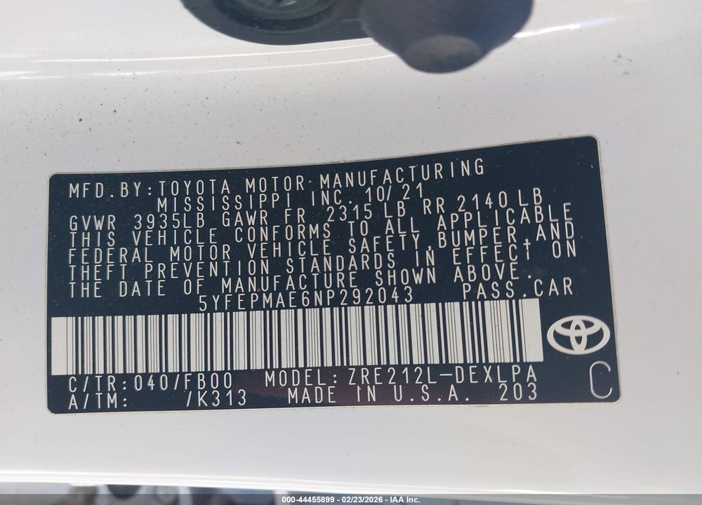 2022 TOYOTA COROLLA LE VIN: 5YFEPMAE6NP292043