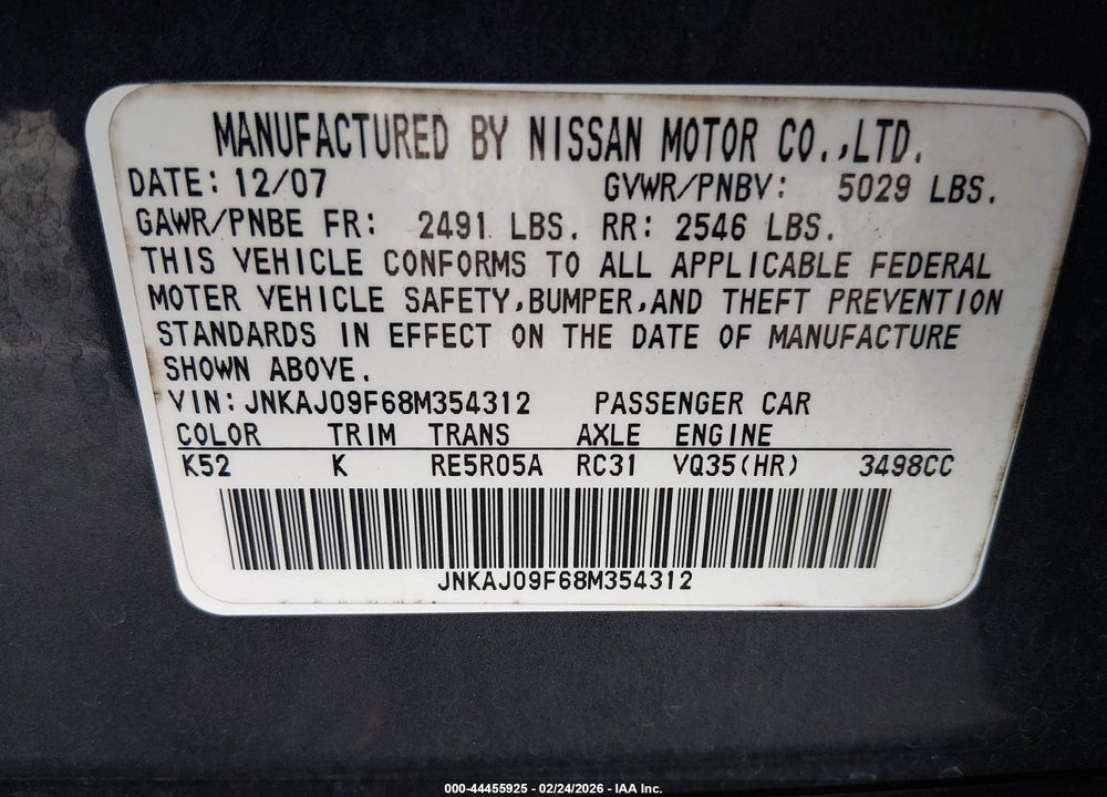 2008 INFINITI EX35 JOURNEY VIN: JNKAJ09F68M354312