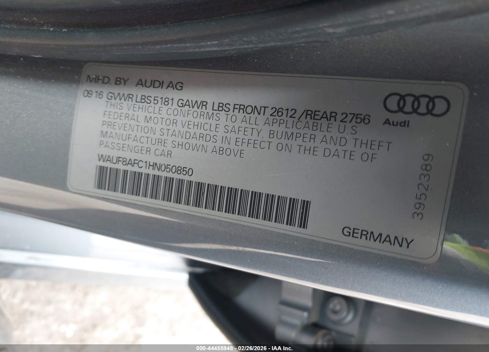 2017 AUDI A6 2.0T PREMIUM VIN: WAUF8AFC1HN050850