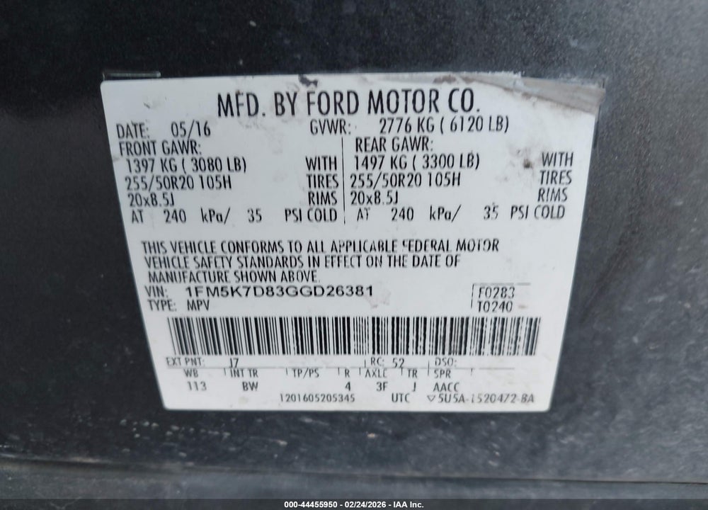 2016 FORD EXPLORER XLT VIN: 1FM5K7D83GGD26381