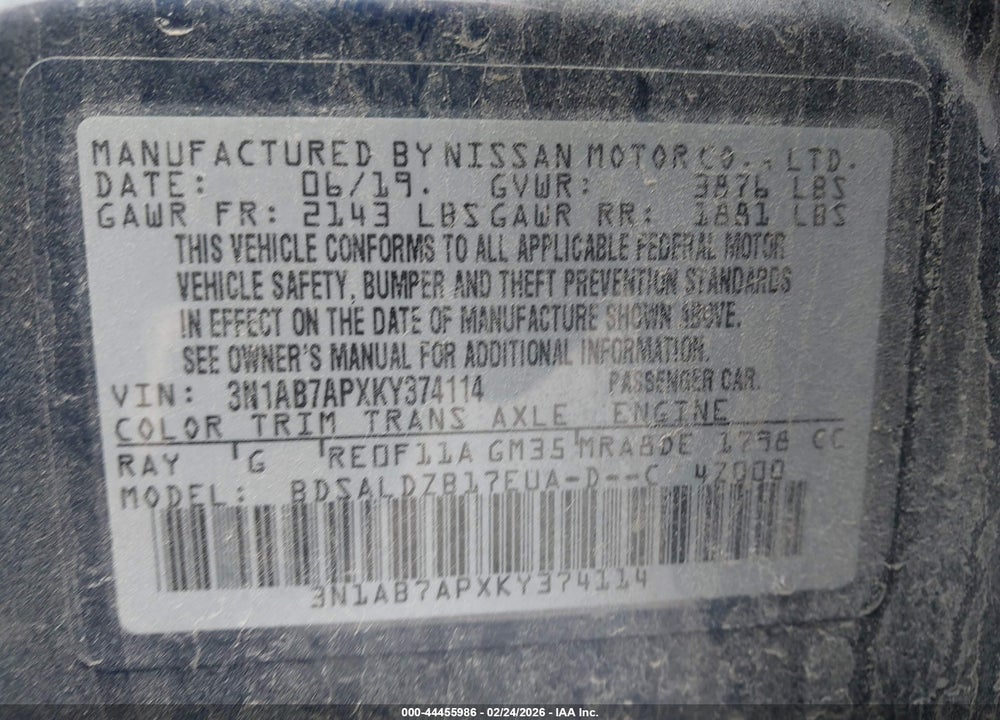 2019 NISSAN SENTRA SV VIN: 3N1AB7APXKY374114
