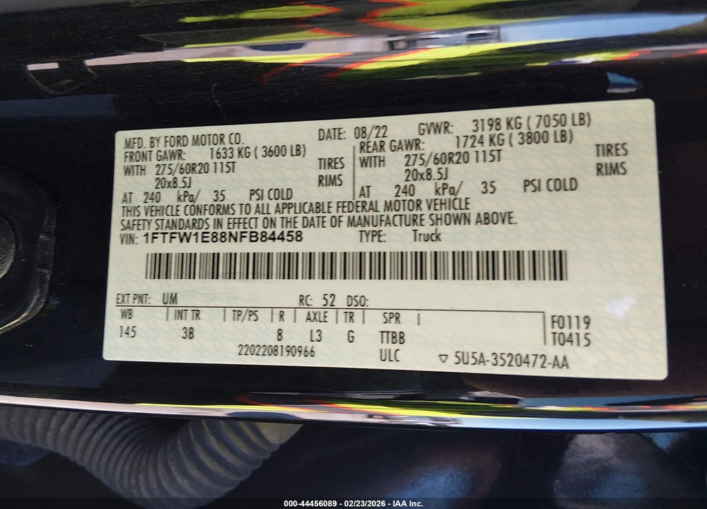 2022 FORD F-150 PLATINUM VIN: 1FTFW1E88NFB84458