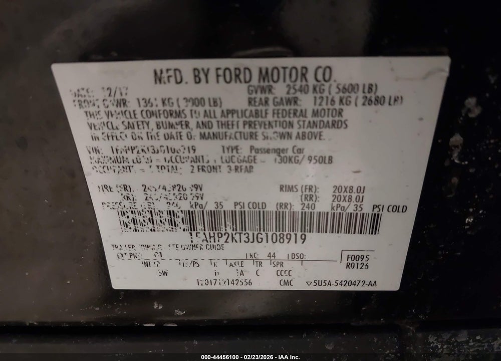 2018 FORD TAURUS SHO VIN: 1FAHP2KT3JG108919