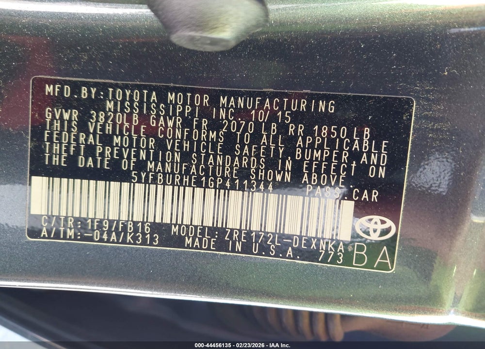 2016 TOYOTA COROLLA LE VIN: 5YFBURHE1GP411344