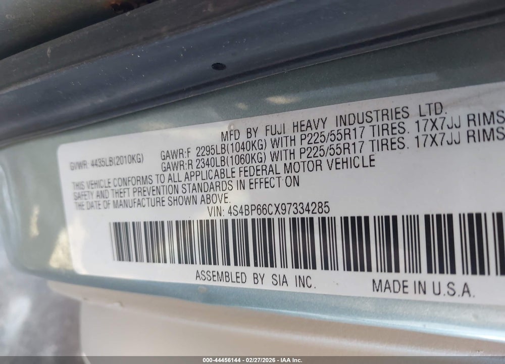 2009 SUBARU OUTBACK 2.5I LIMITED VIN: 4S4BP66CX97334285