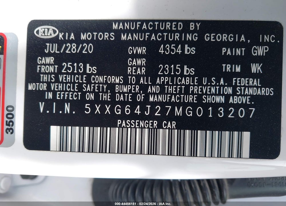 2021 KIA K5 GT-LINE VIN: 5XXG64J27MG013207
