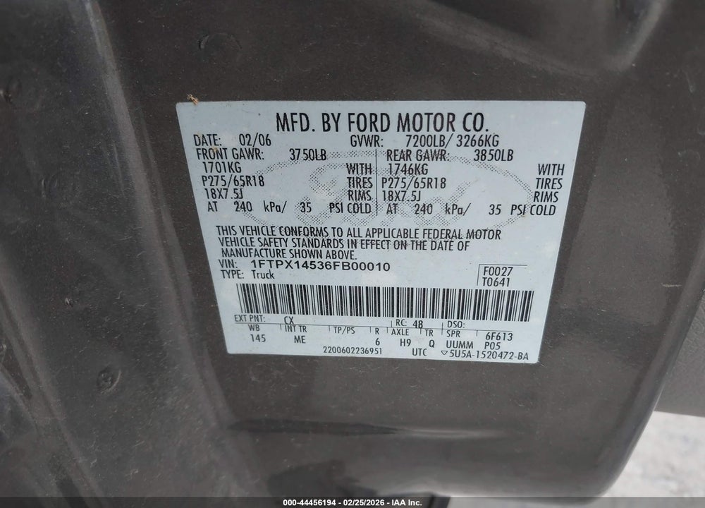 2006 FORD F-150 FX4/LARIAT/XL/XLT VIN: 1FTPX14536FB00010