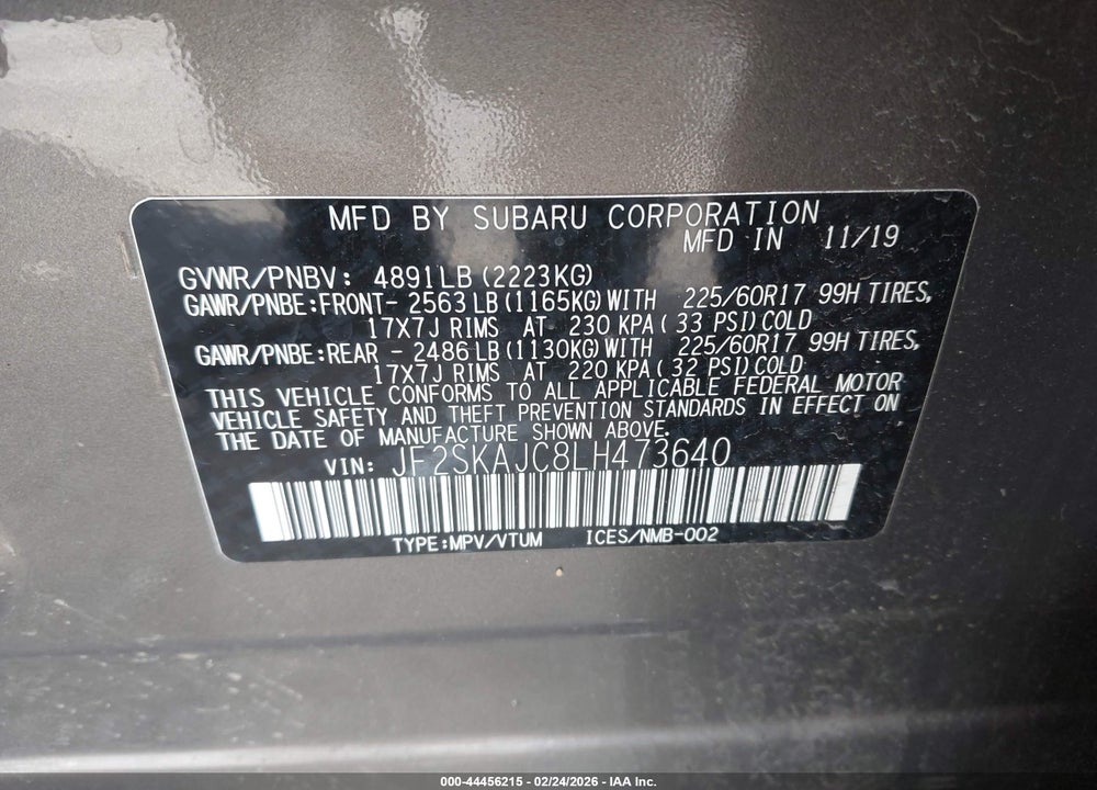 2020 SUBARU FORESTER PREMIUM VIN: JF2SKAJC8LH473640