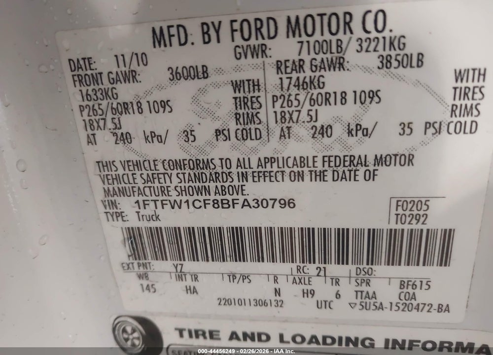 2011 FORD F-150 LARIAT VIN: 1FTFW1CF8BFA30796