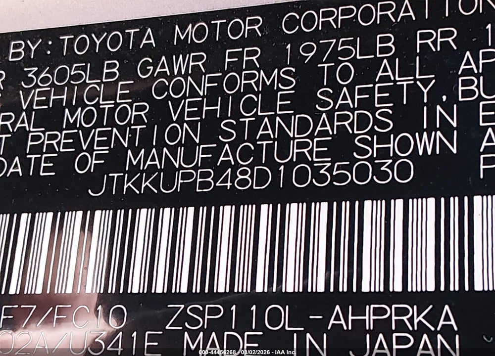 2013 SCION XD VIN: JTKKUPB48D1035030