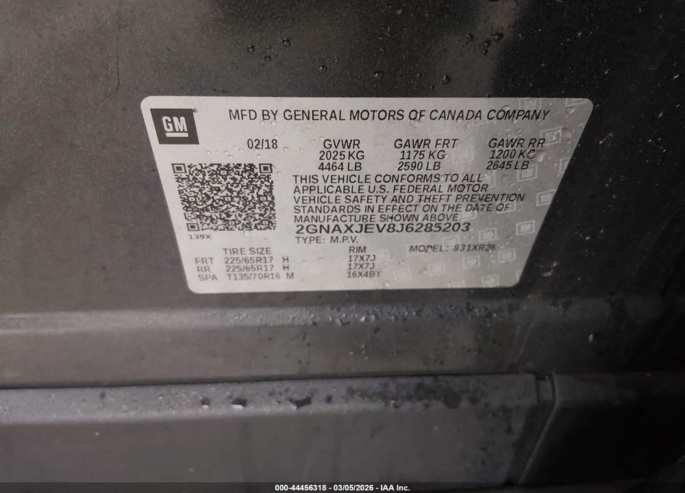 2018 CHEVROLET EQUINOX LT VIN: 2GNAXJEV8J6285203