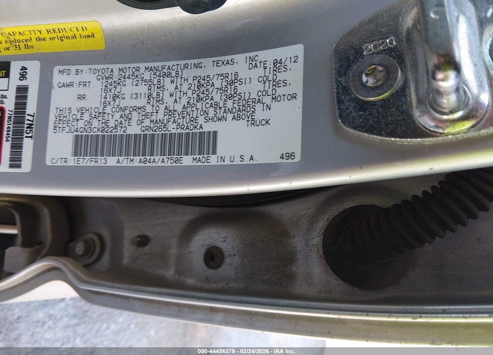 2012 TOYOTA TACOMA PRERUNNER V6 VIN: 5TFJU4GN3CX022572