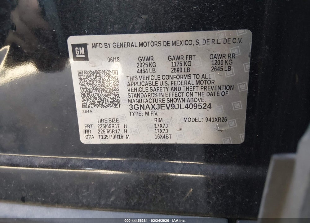 2018 CHEVROLET EQUINOX LT VIN: 3GNAXJEV9JL409524