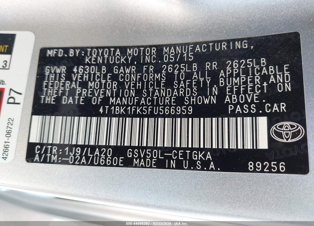 2015 TOYOTA CAMRY XLE V6 VIN: 4T1BK1FK5FU566959